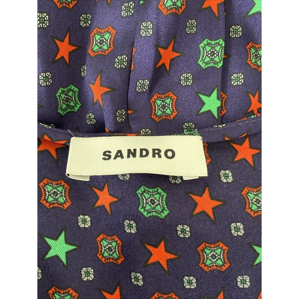 Sandro Curry Satin Romper Purple Star Print Short Sleeve Belt Pleat V Neck 38 - Picture 10 of 14